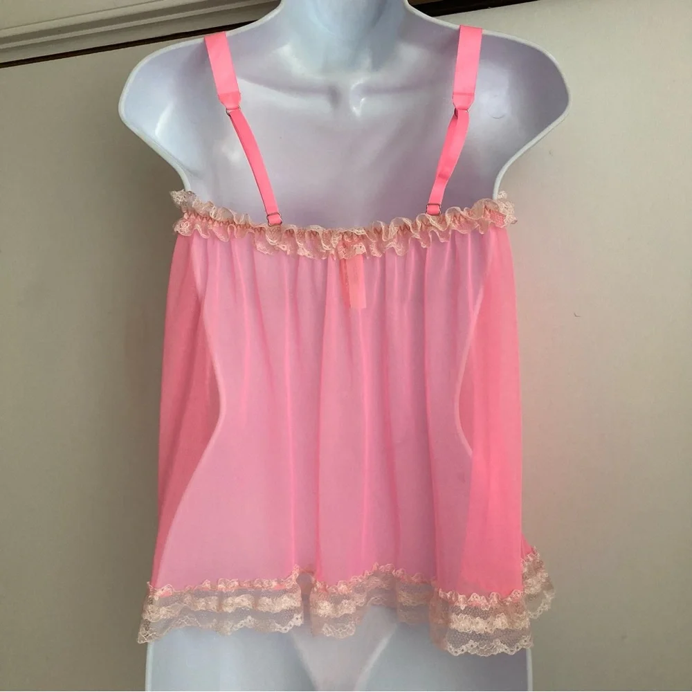 Victoria’s Secret Y2K Bubblegum Pink Sheer Frilly Babydoll Nightie Cami, NWT S